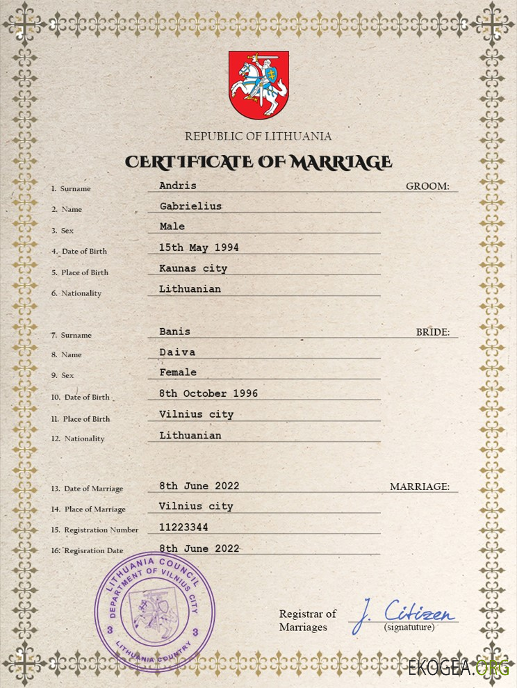 Modèle PSD de certificat de mariage de Lituanie